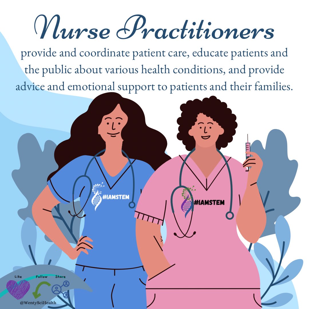 WentySciHealth's tweet photo. Nurse practitioners take patient histories, perform physical exams, order labs, analyze lab results, prescribe medicines, authorize treatments and educate patients and families on continued care.
#wentyscihealth #iamSTEM #nursing #Nursepractitioner #huganurse #stem https://t.co/ank5W3n11Q
