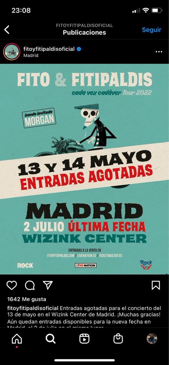 Vendo "2 ENTRADAS FITO Y LOS FITIPALDIS MADRID 14 MAY" en #wallapop p.wallapop.com/i/781769633?_p…
