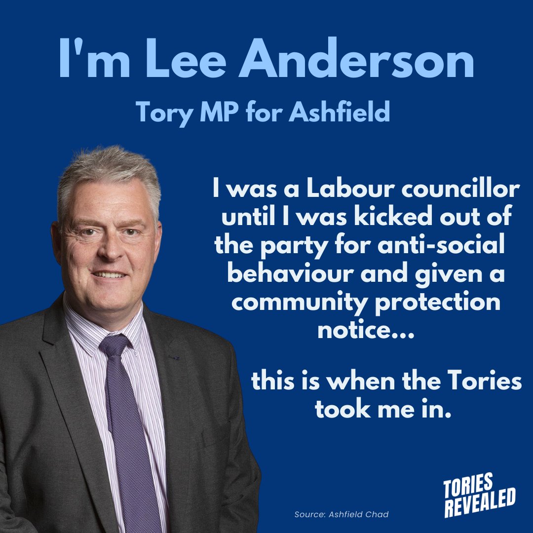 ToriesRevealed's tweet image. This is Lee Anderson, Tory MP for Ashfield.

He was a Labour councillor for years, until the party suspended him for getting a community protection notice for anti-social behaviour.

Conveniently, he immediately defected to the Tories.

The following year, he became a Tory MP.