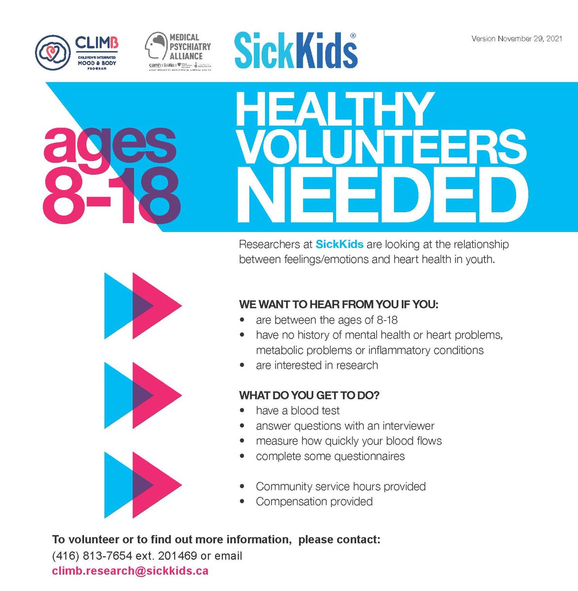 SickKidsGHCBMH's tweet photo. Researchers at SickKids are looking for healthy kids &amp; teenagers aged 8 - 18 to participate in a #depression &amp; #cardiovascular risk study. Please contact: 416-813-7654 Ext. 201469 or email: climb.research@sickkids.ca to volunteer or find out more information. #SKResearch https://t.co/PPTKV4b78D