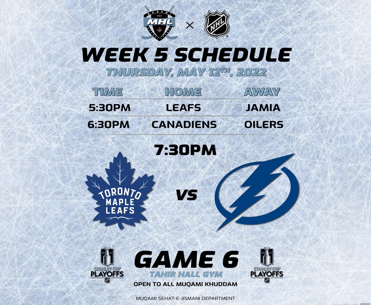 Ahmadiyya Muslim Youth Association Vaughan (Majlis Muqami) is organizing a watch party at Tahir Hall, Maple, ON to watch the Game 6 of <a href="/MapleLeafs/">Toronto Maple Leafs</a> vs Tampa Bay Lightning at 7:30PM

The day will also include games as part of Muqami Hockey League.

#LeafsForever #LeafsNation #Leafs