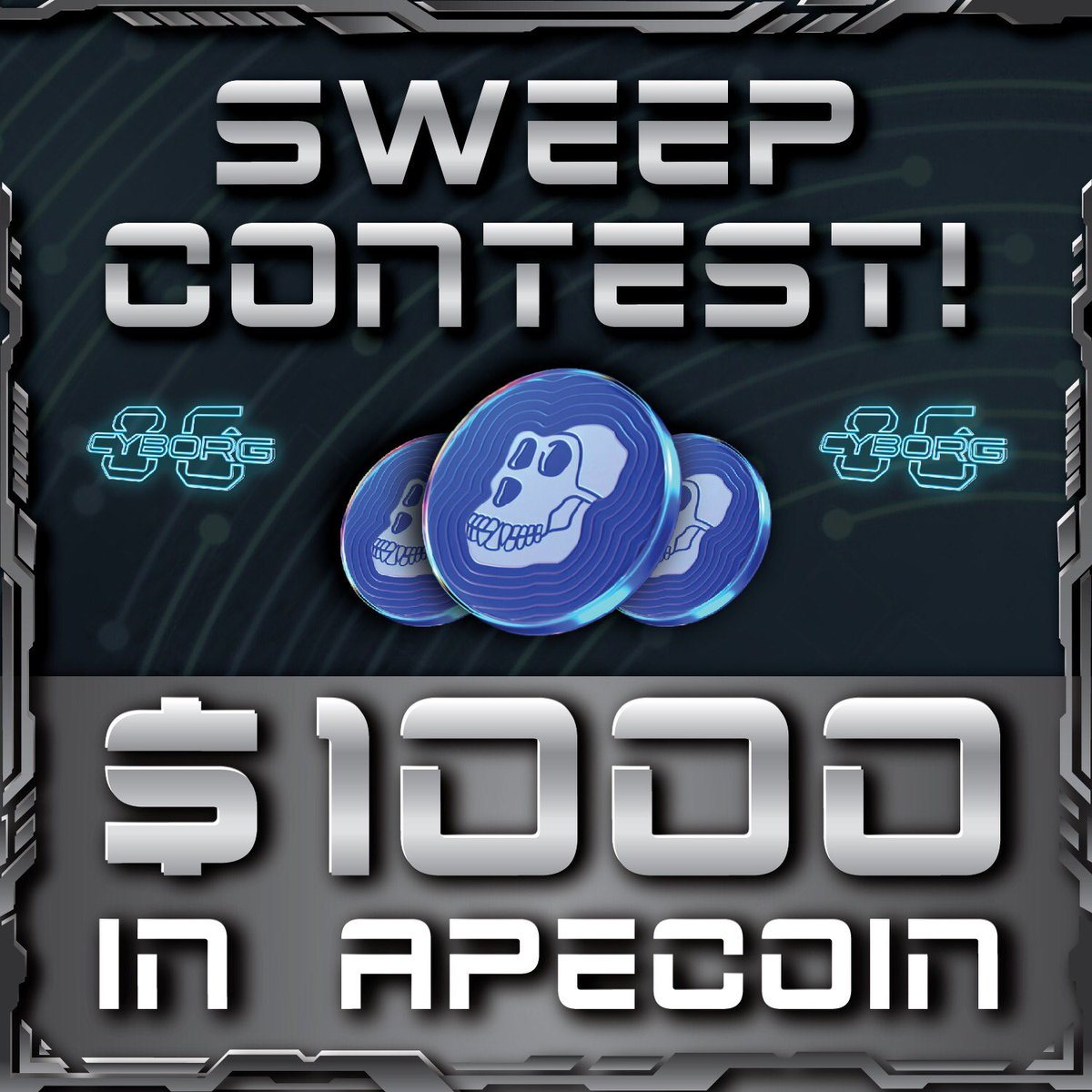 In honor of our Rewards site being launched, we are hosting a sweep contest! 🚨💰

TWO NFTs have been chosen. BOTH from the CYBORG COLLECTION! 
They are BOTH chosen from the current Cyborg Floor Price, up to .1 EACH worth $500 in ApeCoin to the lucky sweeper(s)!

Good luck!