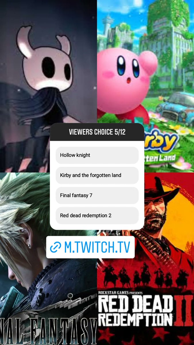 CREGARNATION's tweet photo. Voting for tomorrow's game choice has started go vote on the Instagram and give a follow on twitch. https://t.co/WATP5U5hFV
 https://t.co/xfffhrs8Ly
#HollowKnight #KirbyandtheForgottenLand #FinalFantasy7Remake #RedDeadOnline https://t.co/G3W5S3V09r