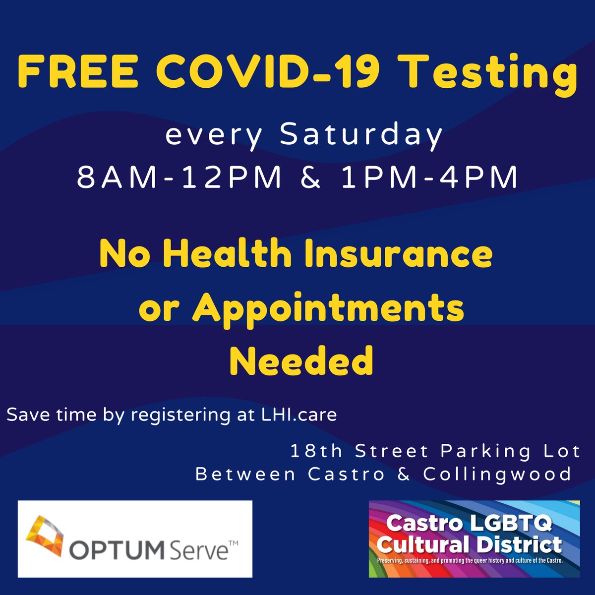 Castrolgbtq's tweet photo. We are happy to announce that we are once again offering free PCR Covid-19 testing to everyone in our community for free. No insurance or appointments are needed. Our new hours will be 8 AM to 12PM and 1PM to 4PM on Saturdays. https://t.co/qxLTkkRIkI