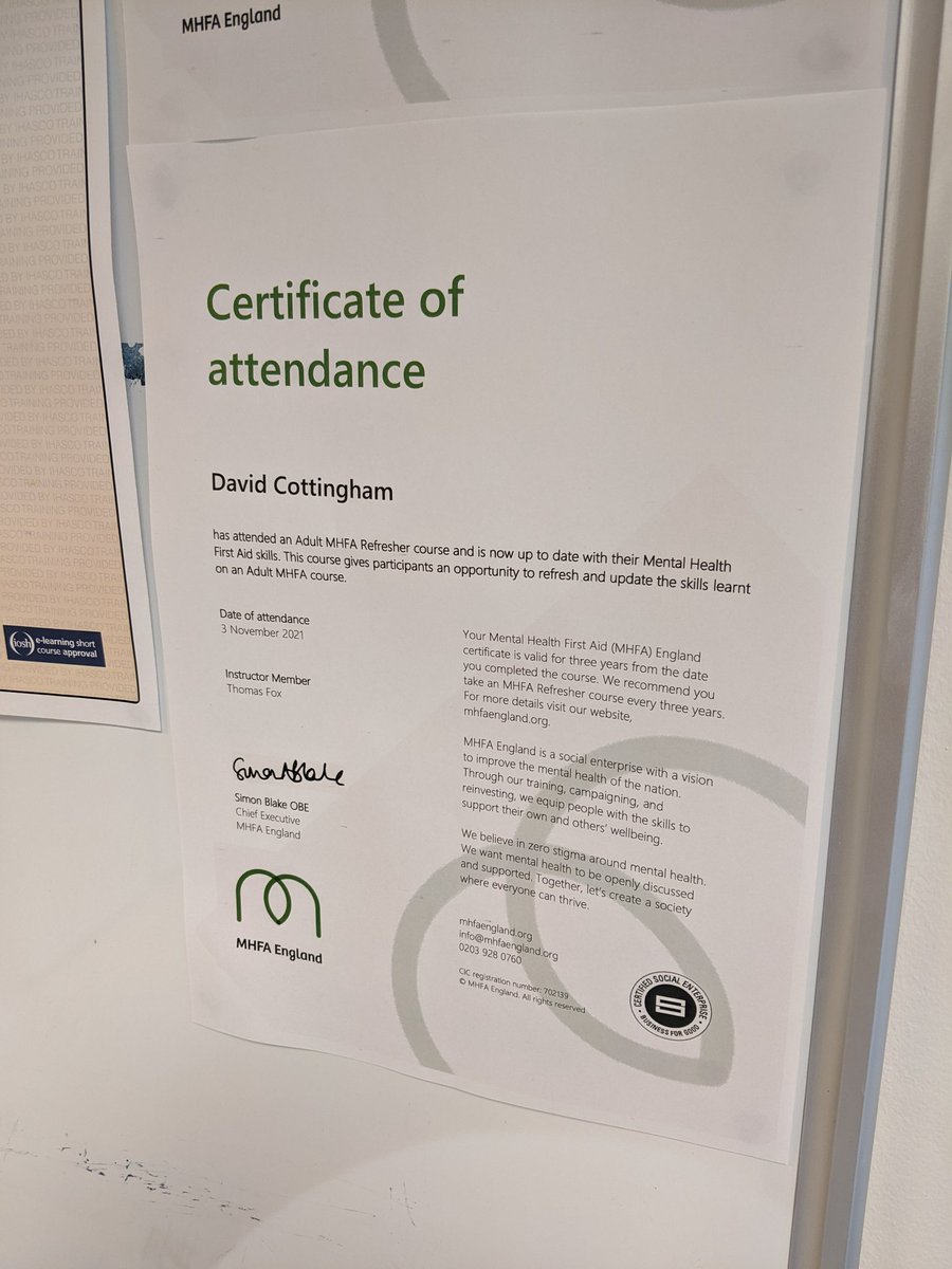 Visited a <a href="/_Checkit/">Checkit</a> office yesterday, and was pleased to see my #mentalhealth first aider certificate on a board. It's estimated that 1 in 6 people have experienced a common mental health problem in the last week: it's very common! #ItsOkayToNotBeOkay