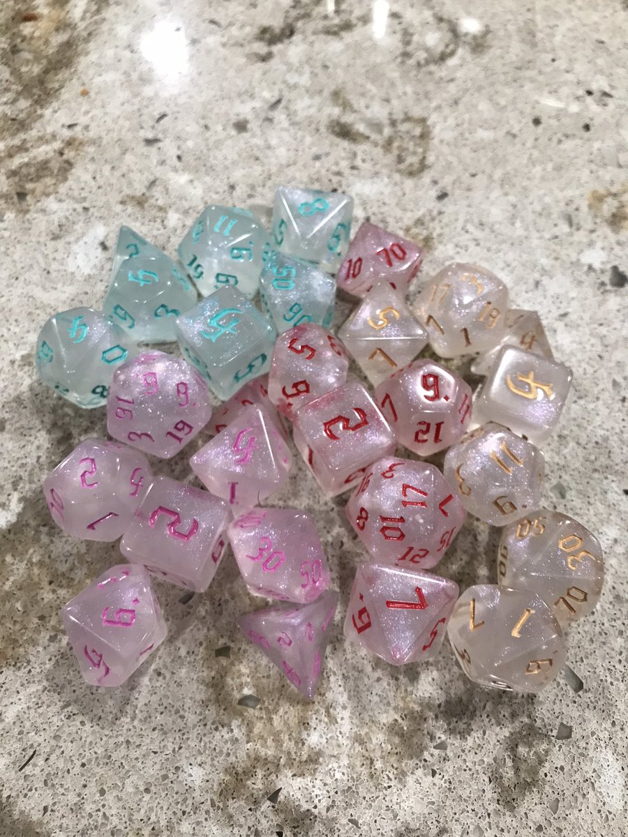 JDogTheJester's tweet photo. New dice from @TabletopLoot ! Really pretty this month. Love how sparkly the dice are and how vibrant the colors are. #LootTroupe is always worth it. https://t.co/Xyo752Fe3q