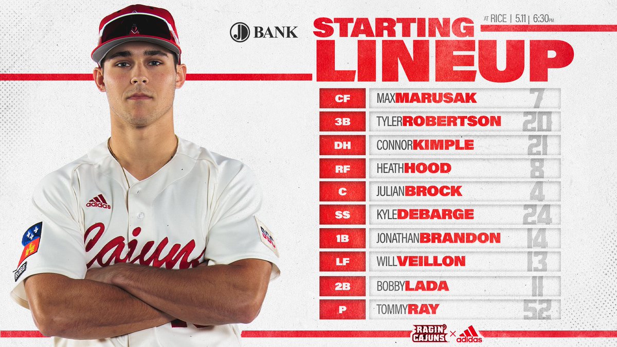 RaginCajunsBSB's tweet photo. The Louisiana lineup for the final midweek road game of the year ⤵️

🆚 Rice
⏰ 6:30 pm
🏟 Reckling Park
📺 https://t.co/uhEiuU9L9V
📻 https://t.co/luMywBQ5uR
📊 https://t.co/3nyz89yBsc

#GeauxCajuns ⚜️ https://t.co/pbqrDjQSt8