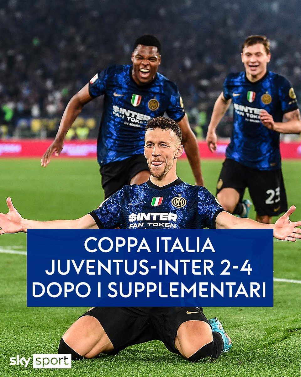 SkySport's tweet photo. JUVENTUS-INTER 2-4
Risultato dopo i tempi supplementari
➖
⚽ #Barella (7’)
⚽ #AlexSandro (50’)
⚽ #Vlahovic (52’)
⚽ rig. #Calhanoglu (80’)
⚽ rig. #Perisic (98’)
⚽ #Perisic (102’)
➖
🏆 L’INTER VINCE LA COPPA ITALIA
➖
➡️ https://t.co/BCtvvpaoxN 
#SkySport #JuveInter https://t.co/sJ00qrsfoM