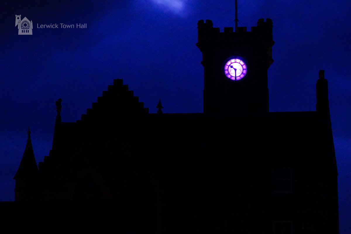 ShetIslandsCll's tweet photo. Weโre lighting the clock at #LerwickTownHall purple for the next three nights, to #lightupforfibro and highlight #Fibromyalgia - a debilitating syndrome of the central nervous system that affects around 5% of all men and women in Scotland ๐ #Shetland #FibromyalgiaAwarenessWeek https://t.co/LLScBEbADO
