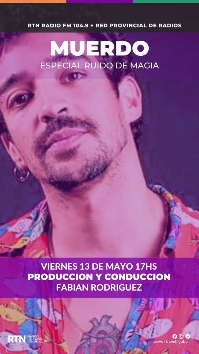 rtn_neuquen's tweet photo. Este viernes 13, especial de Muerdo en Ruido de Magia 17 hs.
Muerdo, el nuevo cantautor  que llega desde Murcia, España. Hace 10 años que la canción adquiere una dimensión especial tanto por el mensaje, como por la música que coquetea con un son o una bossa nova. 
@MuerdoMusica https://t.co/JiTVczkBcj