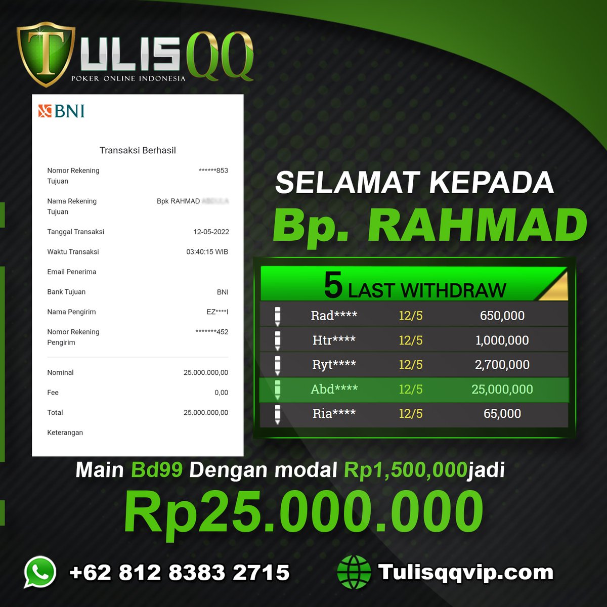 QqTulis's tweet photo. Selamat kepada Bp.RAHMAD
Atas kemenanganya bermain disitus https://t.co/gKBCvxwWPp
Hingga mencapai total kemenanganya sebesar Rp 25,000,000-

Mau seperti Bp. Rahmad? Yuk dicoba peruntunganya hari ini ! Dan bermain di Meja Gacor Yang di berikan ya https://t.co/LUQMevmPpz