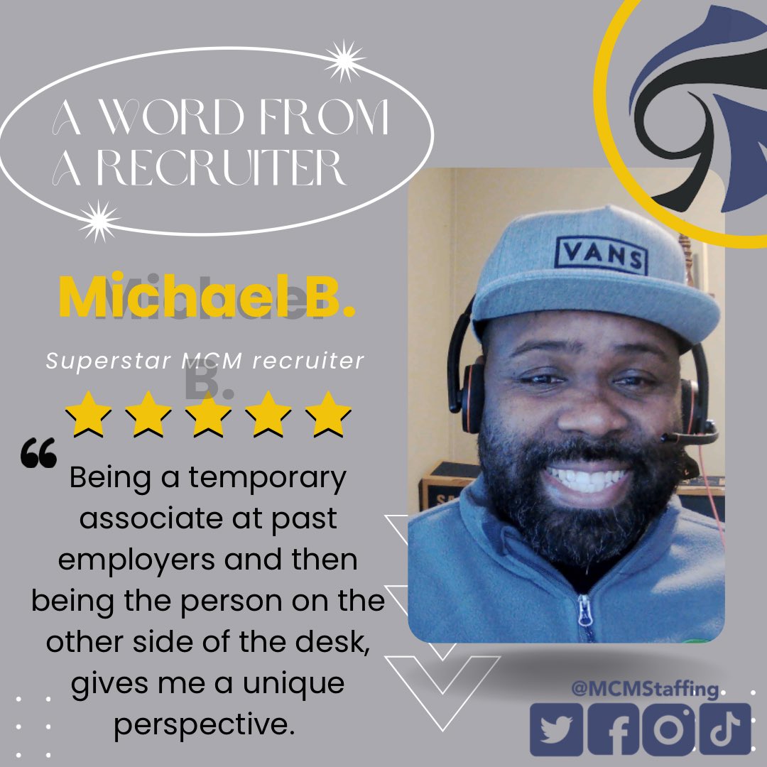 Michael is so awesome because he has had experience on the other side.
Call Michael up and find your perfect job today!
#applynow #callus #hiring #awesomerecruiters #recruiterlife #mcmstaffing #staffingagency #findajob#worklife #shoutout #worklife #candidate #tempwork #work