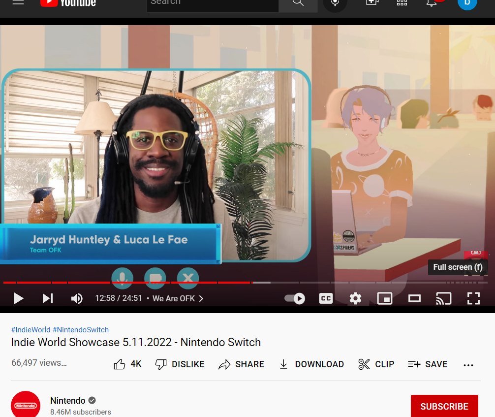 A frame of the nintendo indie world showcase stream on YouTube. Jarryd and Luca from OFK are on a video call together.
