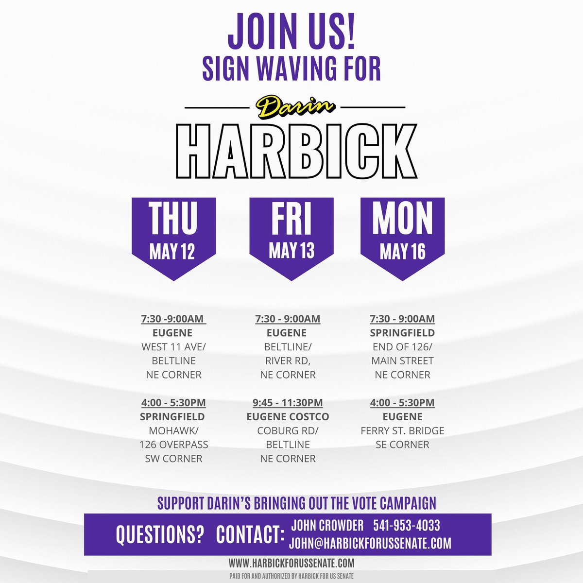 DarinHarbickOre's tweet photo. https://t.co/aaeguQS27K

Join us this May 12th - May 16th! 
Sign Waving for Darin Harbick for Oregon! 

For questions or information contact John Crowder:
541-953-4033 - john@harbickforussenate.com

#harbickforussenate2022 #Harbick2022 #teamharbick #anewpathfororegon #oregon2022 https://t.co/z4WUUxeVW6