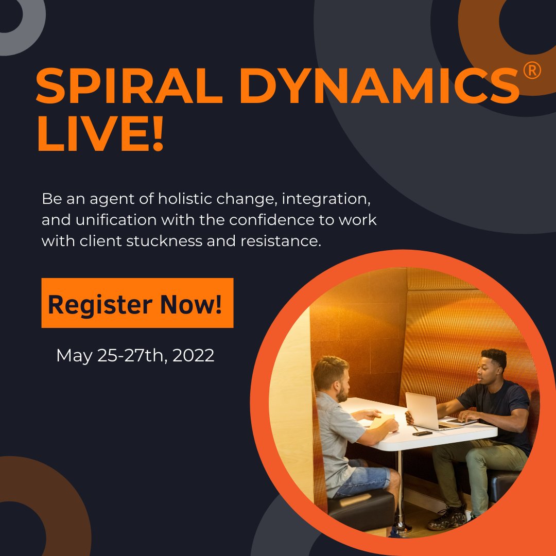 Spiral Dynamics Live! is a mastering change event that will propel you past confusion and barriers. You'll build your Change Playbook to tackle transitions, while learning to implement change for your clients and business.

Save Your Spot! bit.ly/SDFreeMastercl…

#SpiralDynamics