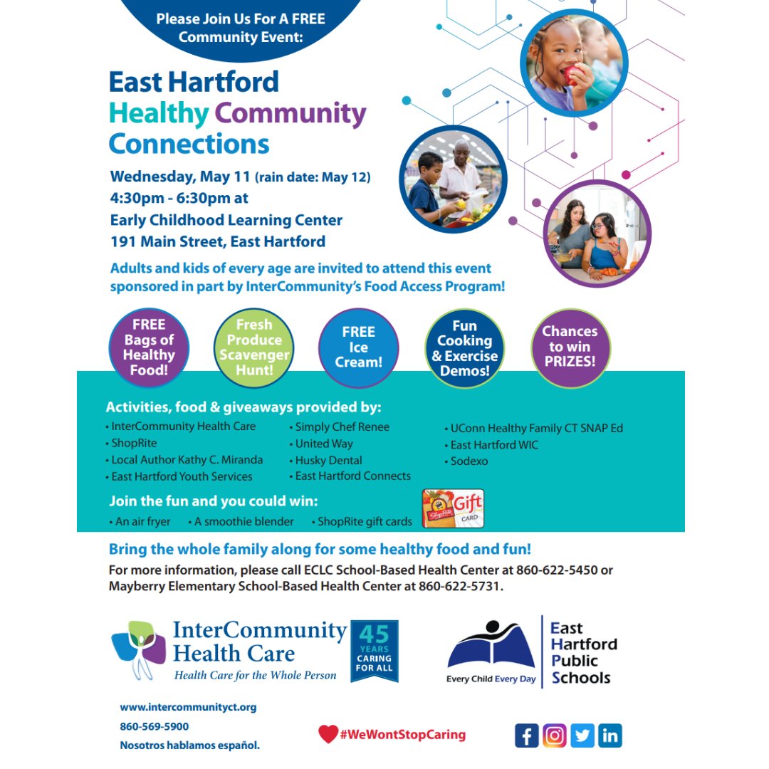 EndHungerCT's tweet photo. We're here at @ICHealthCareCT 's East Hartford Healthy Community Connections event! Come visit us until 6:30pm today for info about #SNAP and other FREE activities, food, giveaways, and resources on this beautiful evening! 😎
#endhungerct #foodforall #hungerfreect #easthartford https://t.co/0EsHykwgtY