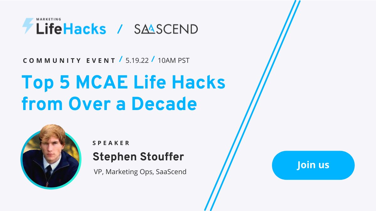 What are the top five MCAE life hacks that every #marketing #trailblazer should have in their tool kit?

Find out at this month's meeting from the VP of Marketing Operations at <a href="/SaaScend/">SaaScend</a>, Stephen Stouffer <a href="/Marketing_Nurd/">Stephen</a>. #salesforce #mcae #pardot
resources.saascend.com/marketing-life…