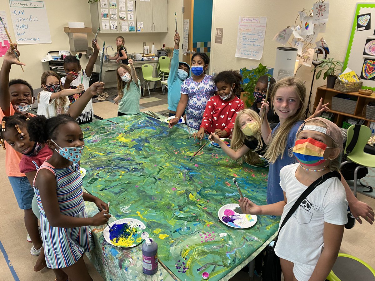 nmrickard's tweet photo. We’re preparing for our exhibition/end-of-year celebration of learning. Today we made a mural depicting the lushness of the rainforest and added previously painted leaves for the border. Leaves inspired by artist and designer Jessi Raulet @ettavee https://t.co/zp3KMdFAwH