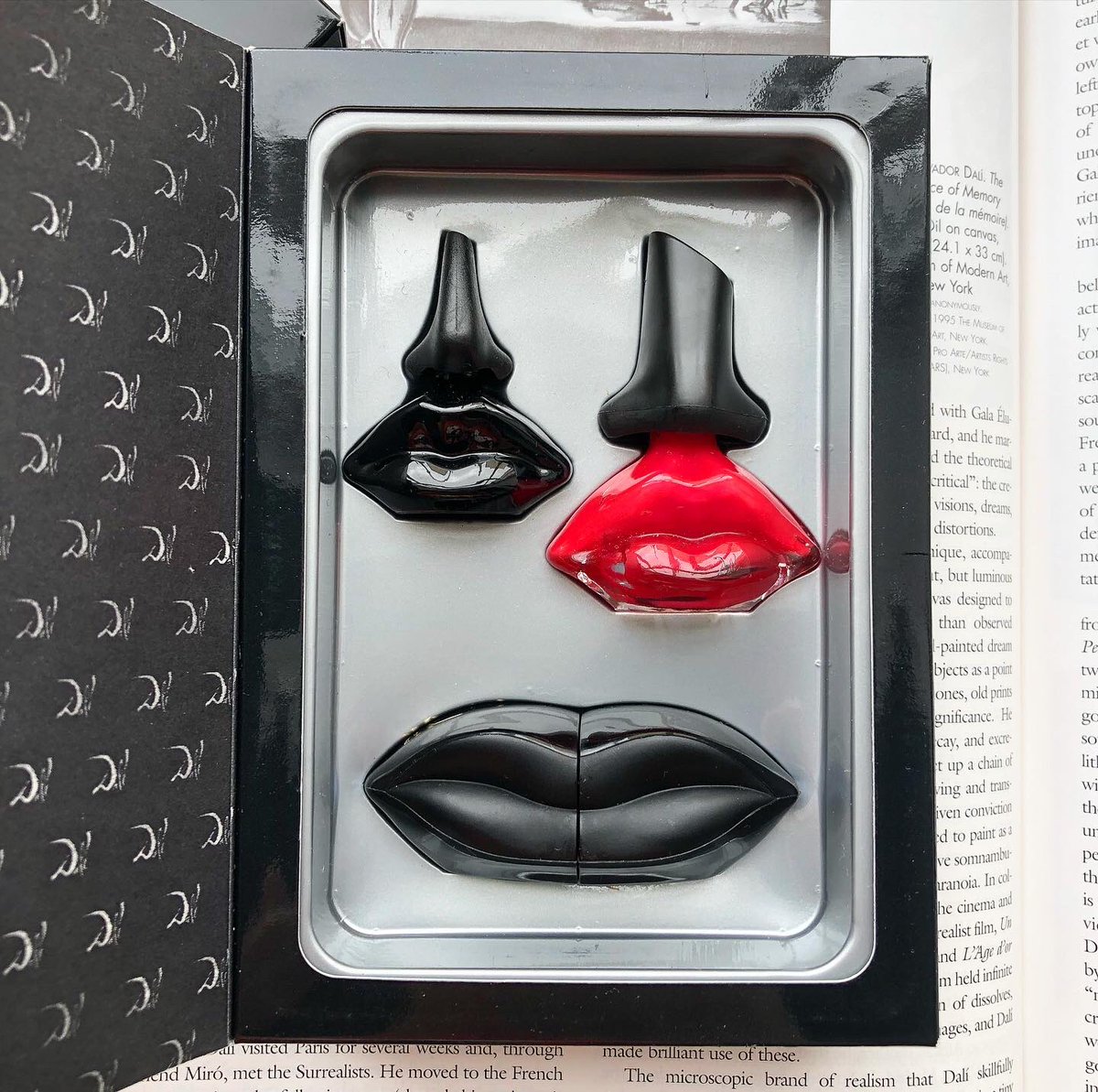 MakeupMuseum's tweet photo. Salvador Dalí was born #OTD in 1904. Here are a few pieces from the Parfums Salvador Dalí makeup line, which debuted in 1989. (The perfume was released earlier). Maybe someday I’ll get around to that surrealism in makeup post I’ve been wanting to do.😅#MakeupMuseum #VintageMakeup https://t.co/TK8RklWOCz