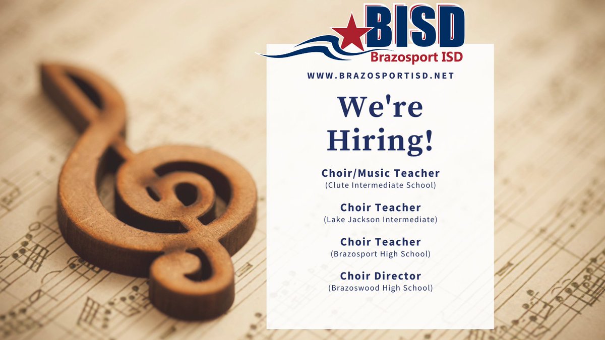 We have some amazing choir / music opportunities! Visit our website to view job details & apply! applitrack.com/brazosportisd/… #BISDpride #FromHereAnythingIsPossible