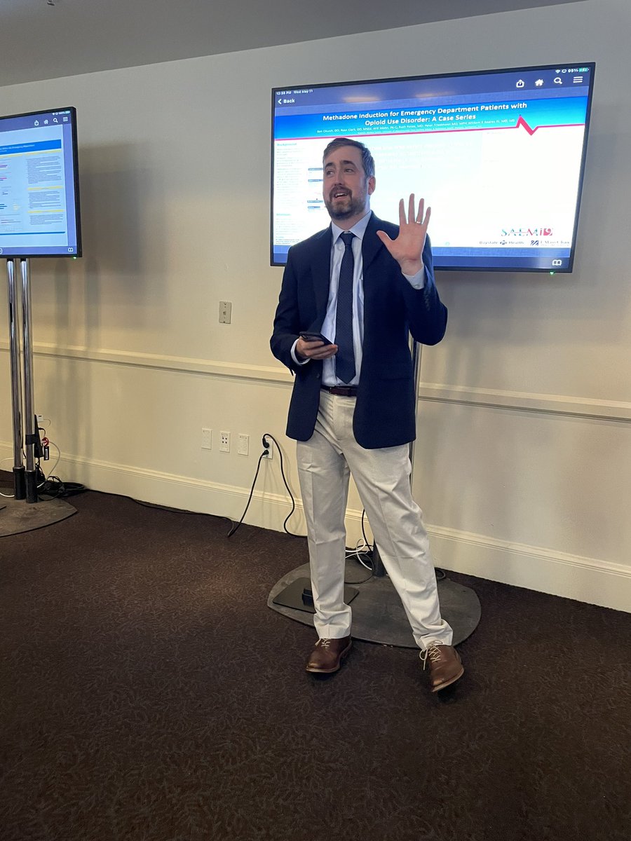 BaystateEM's tweet photo. Dr Ben Church presenting an abstract on our methadone induction protocol for opioid use disorder @BillSoaresIII at #SAEM22 https://t.co/yKLU8yGH3Q