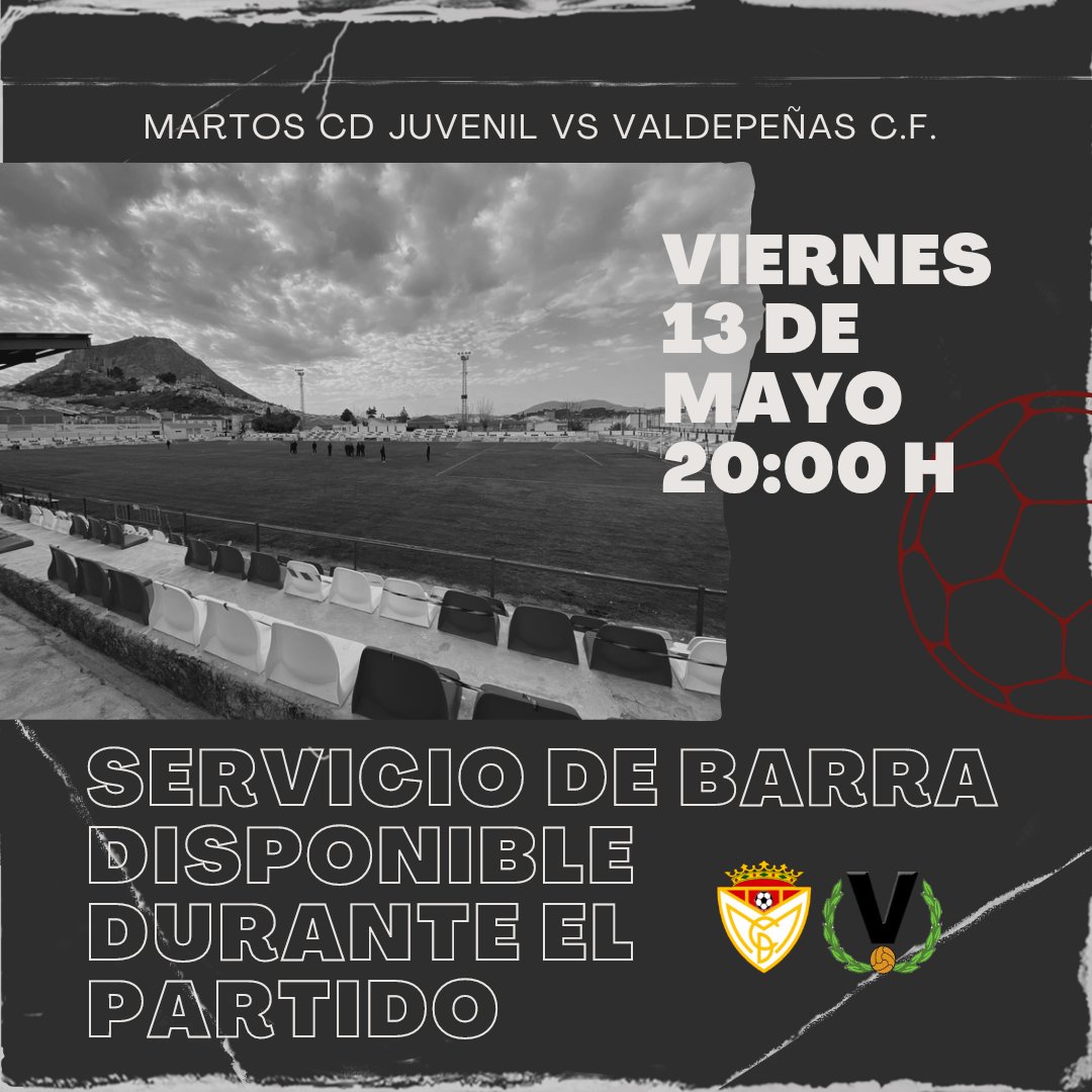 juvenilmartoscd's tweet photo. El próximo Viernes 13 de Mayo estará disponible el servicio de barra para el partido entre Martos CD Juvenil y Valdepeñas C.F. Juvenil. https://t.co/LTGzQsDGFY