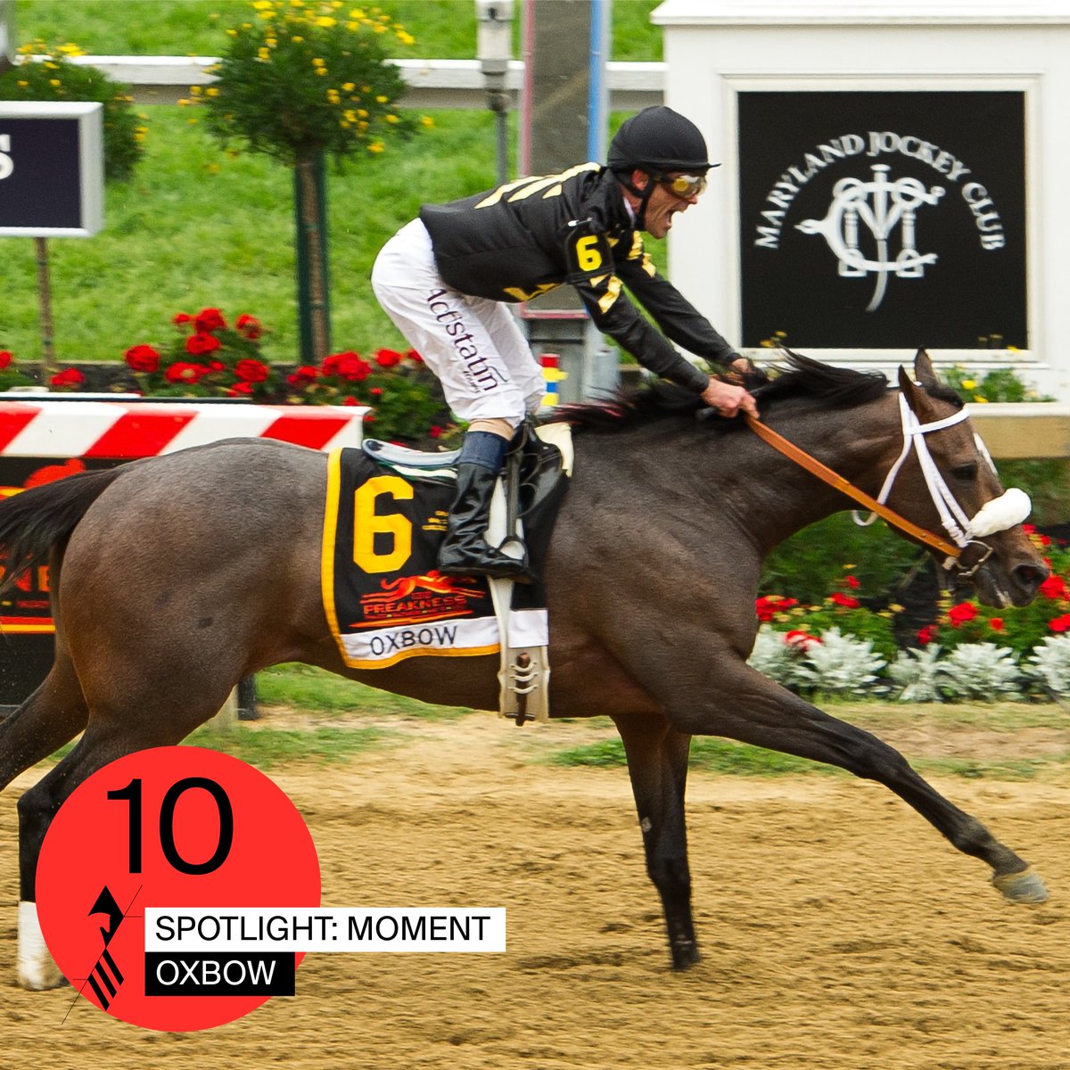 PreaknessStakes's tweet photo. Leading up to #Preakness147 we're shining a spotlight on 47 people, places and moments that make Preakness #SecondToNone and #Baltimore1ST. Spotlight 10 shines on Oxbow. After a rocky sophomore season, Oxbow upset the favorite and won #Preakness138 at odds of 15-1. #Spotlight47 https://t.co/OdmLiqD6n6