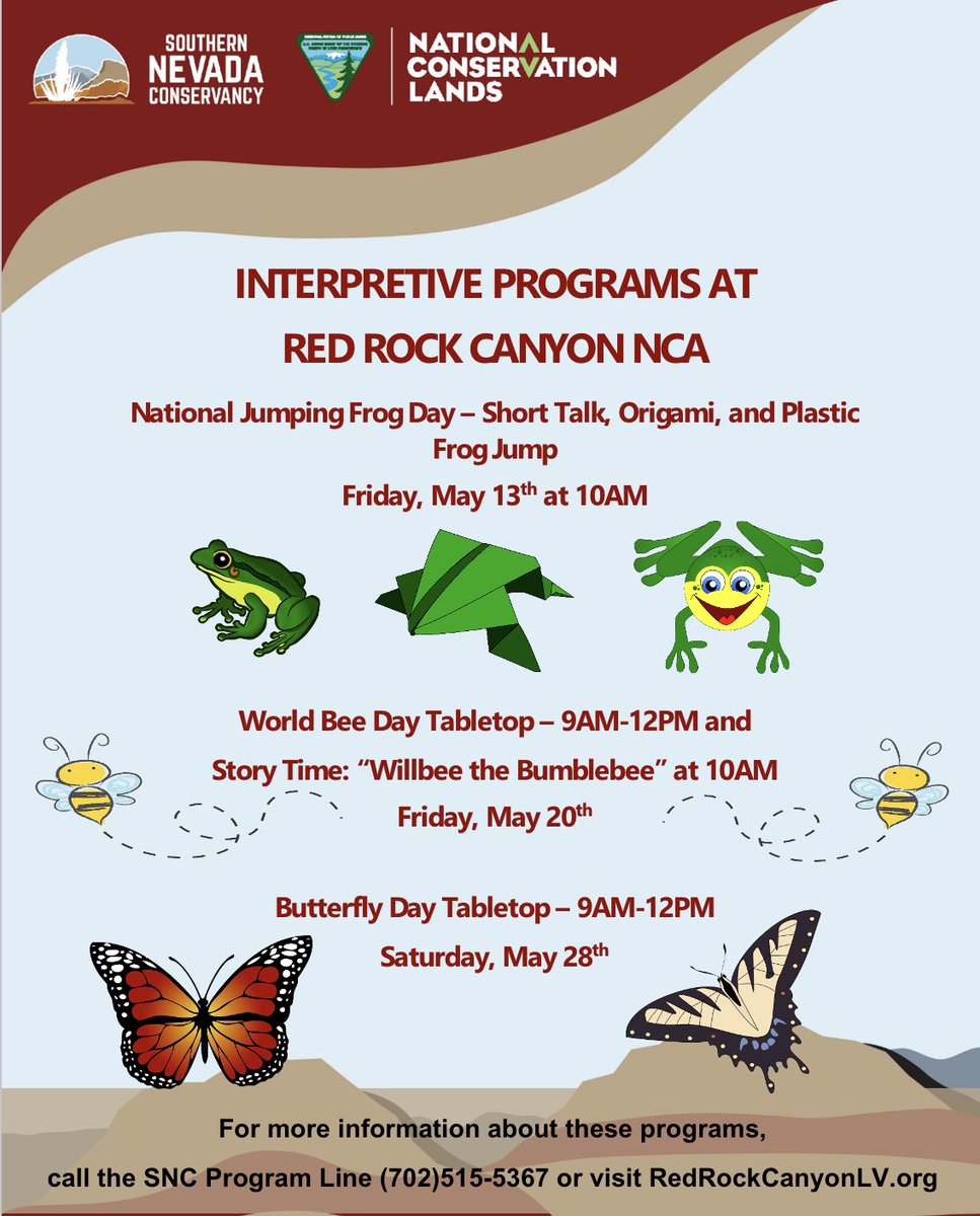 RedRockCynLV's tweet photo. We’ve got some great programs lined up this month and we hope to see you there!
🐸
Find these programs and more on the calendar
https://t.co/fCPSjc6Kvn
🐝
#redrockcanyon #rangerprograms #getoutdoors
🦋 https://t.co/2MxwadU16Q