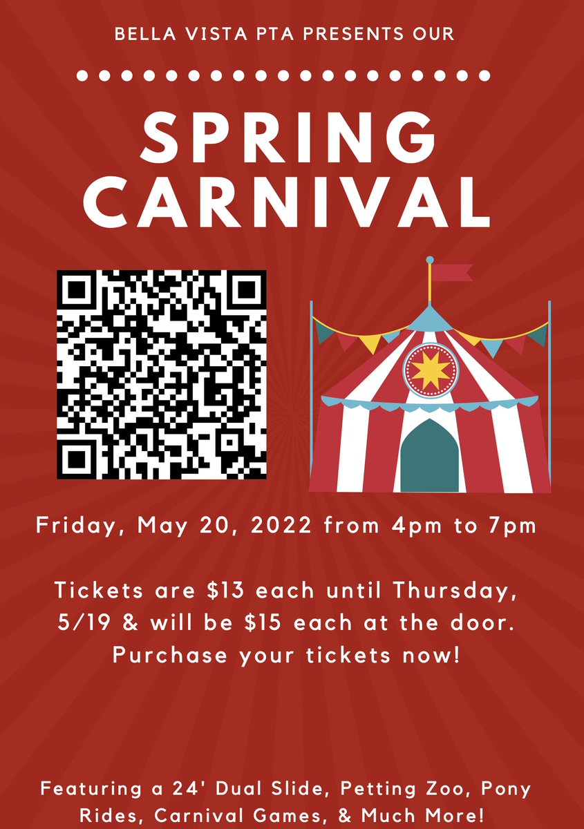 Purchase Spring Carnival tickets via our link here: bellavista.futurefund.com/.../24006-bves…....
Sign up for the talent show: forms.gle/11ywZobRjDzEmH… 
Sign up for parent volunteers: signupgenius.com/go/30E0B49ADAD….
