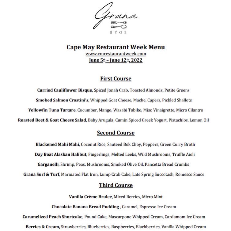 Granabyob's tweet photo. 🌿RESTAURANT WEEK MENU! 

#GranaBYOB will be participating in this seasons Restaurant Week. The 8 day event will run from June 5th-12th. 

$48 per person 

🌿Make your reservations TODAY on RESY! 

🍴
 
#capemaydining #granabyob #capemay https://t.co/mq4cinsHx3