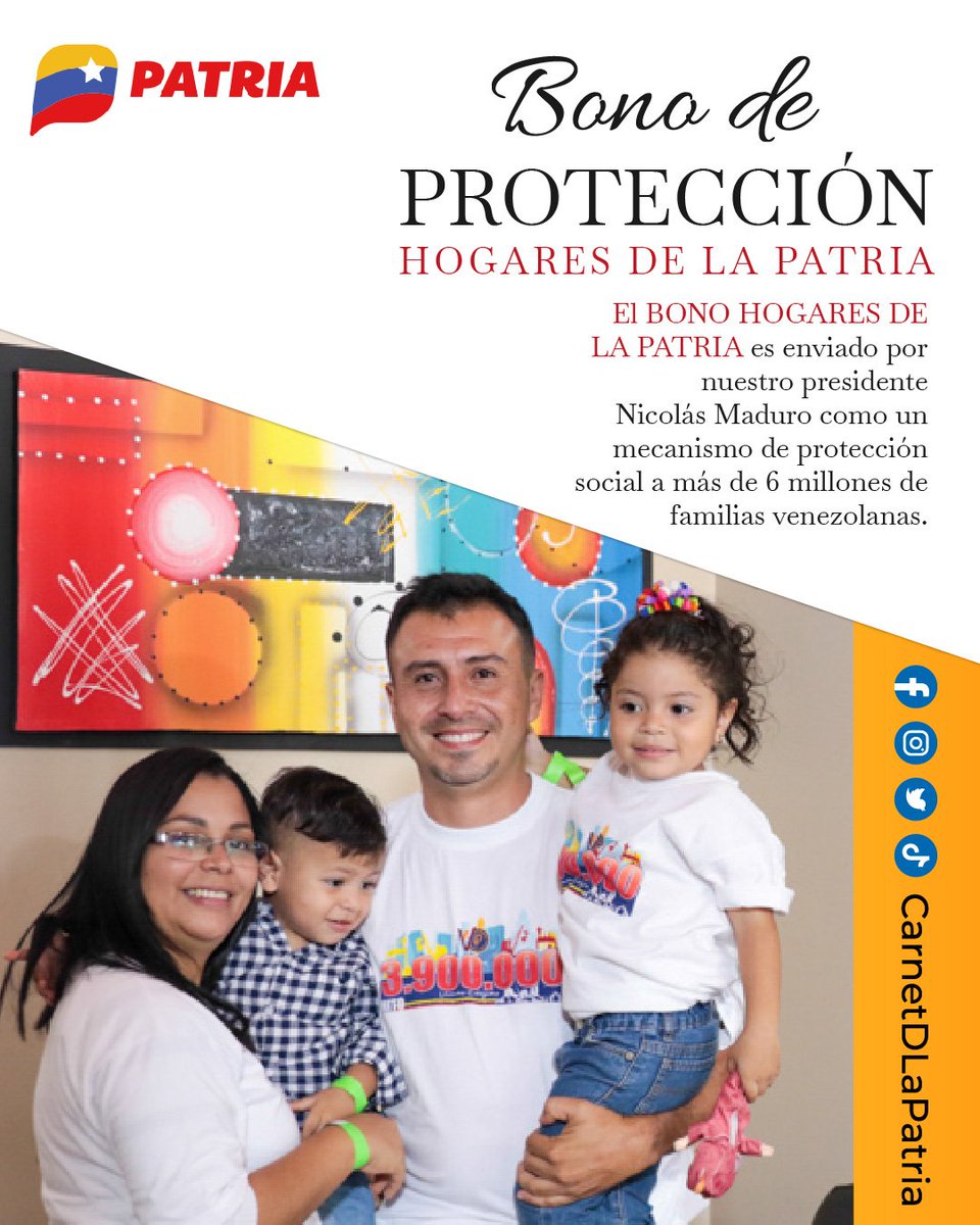 CarnetDLaPatria's tweet photo. El #SistemaPatria es un maravilloso mecanismo de Protección Social, creado por nuestro Presidente @NicolasMaduro, para proteger a más de 6 millones de FAMILIAS con el programa HOGARES DE LA PATRIA, a través de la #PlataformaPatria.

#ProducirEsIndependencia #11May https://t.co/UD7NVvJyfp