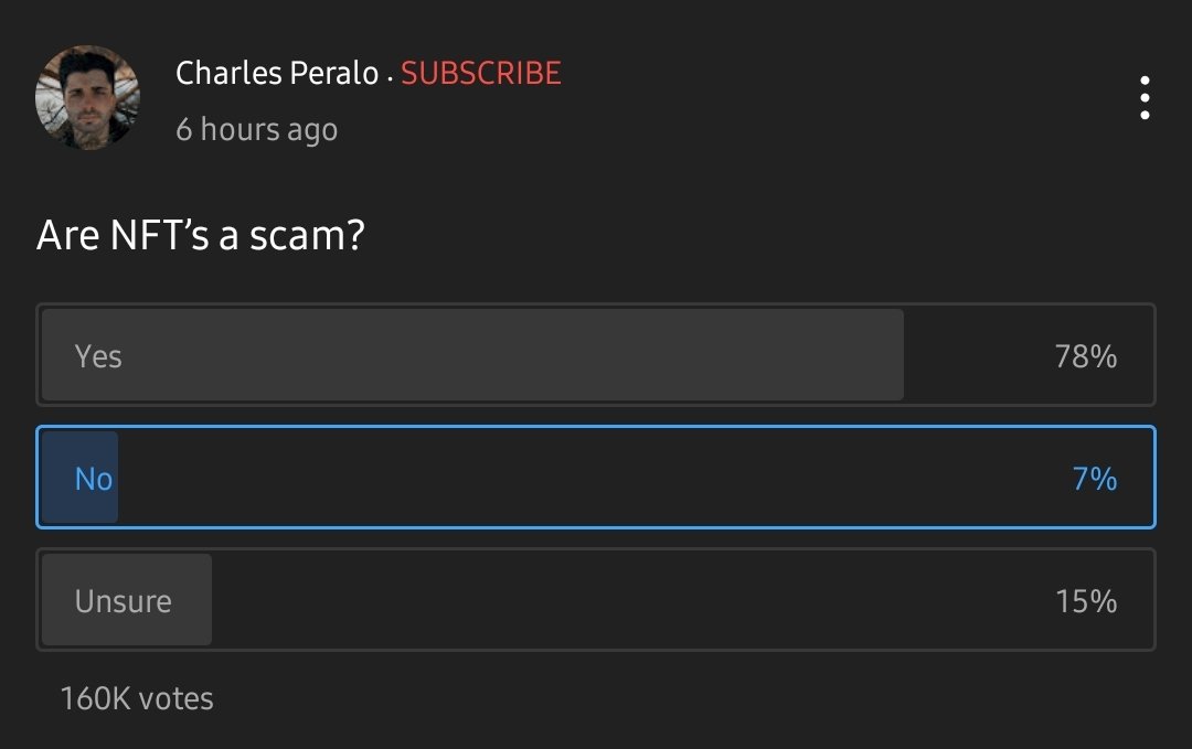 Came across this twitter poll on NFTs with a sample of 160k people ....78% definitively say scam..Are we still early or is this a reaction to the down market?