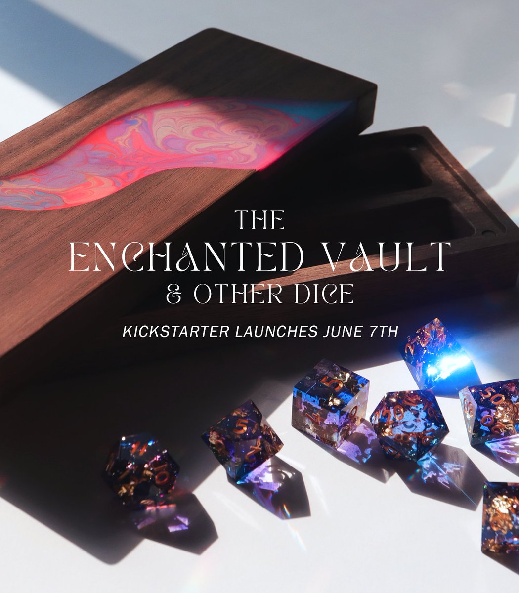 EVERYTHINGDICE's tweet photo. Just a quick announcement for now! We're going to be holding a KICKSTARTER for our new wood &amp; resin Enchanted Vaults + plus 10 new dice designs!

We launch June 7th, more info to follow. ✨ #dnd #ttrpg #dice https://t.co/jWgCBirV0v