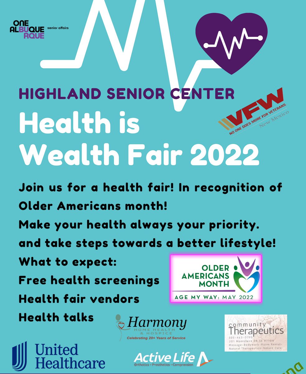 Join us tomorrow from 9-11am at Highland Senior Center located at 131 Monroe NE for the Health is Wealth Fair.  Free Health Screenings, and other wellness resources will be available!  Call 505-767-5210 for more info.  #OneAlbuquerque