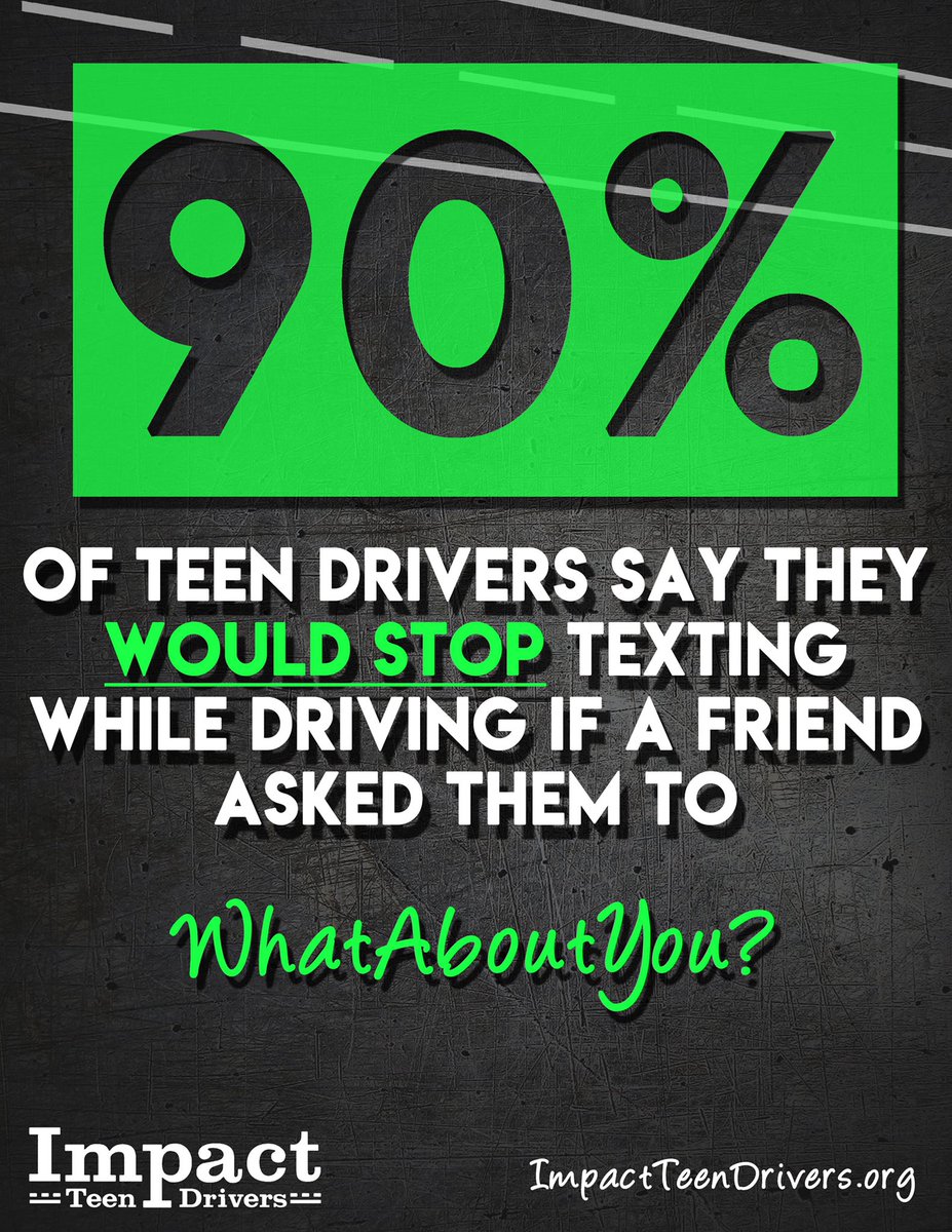 impactdrivers's tweet photo. 90% of teen drivers say they would stop texting while driving if a friend asked them to. What about you?
#WhatAboutYou #TeenDrivers #PutThePhoneDown #DriveSafe #FocusOnTheRoad https://t.co/1anSbwtplb