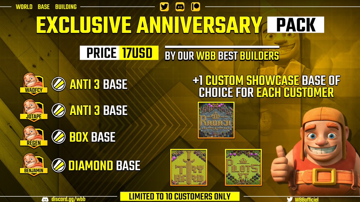 WBB_Bases's tweet photo. WBB's Anniversary Pack 🔥

✔ 4 ESL bases made by the best WBB builders of this year. 🔥

✔ 1 Custom showcase design for FREE. 🔥

✔ 2 tickets for our customer GAW instead of 1 🔥

✔ Only 3/10 slots remaining ❗

Order now before it sells out ➡️ https://t.co/zDizmAnClK https://t.co/njtSEAAIWQ