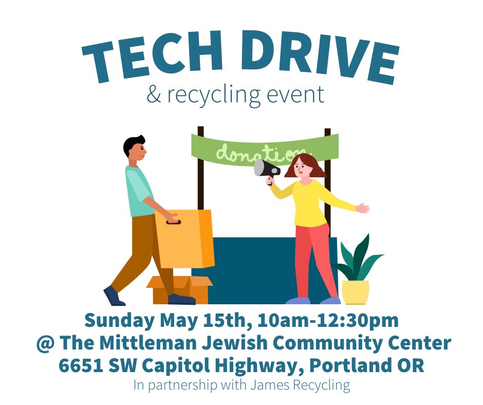 FreeGeekPDX's tweet photo. Free Geek will be onsite accepting your walk-up technology + household electronics donations THIS SUNDAY May 15th, 2022 at The Mittleman Jewish Community Center, 6651 SW Capitol Highway, #Portland OR 97219 for an outdoor Tech Drive + Recycling Event with James Recycling! https://t.co/tOmdczM0CC