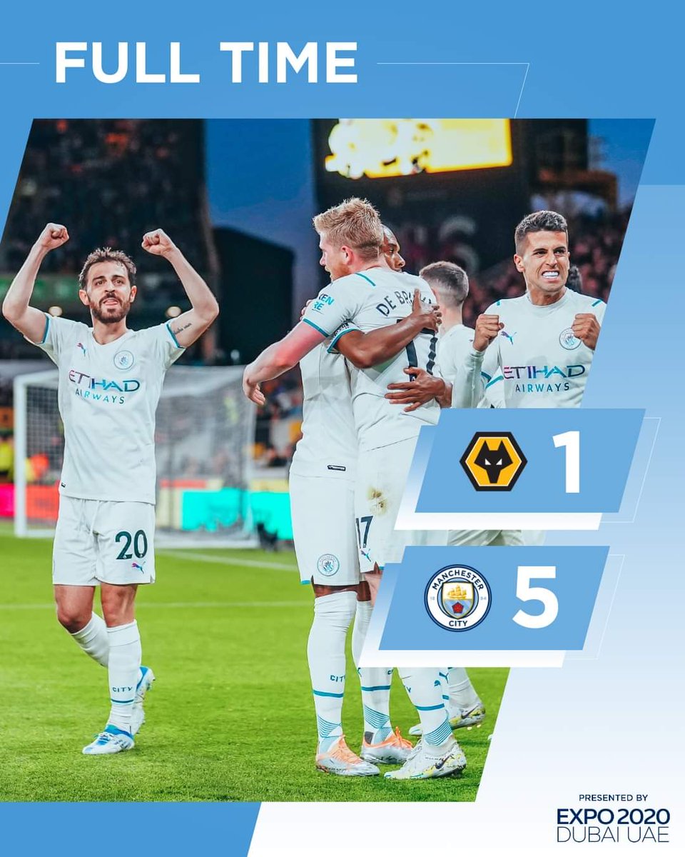 ManCityOSCNZ's tweet photo. Wolverhampton 1 - 5 Man City

Great performance today against the Wolves!
Kevin Debruyne scored 4 goals, Manchester City still leader with 3 points more than Liverpool.

Man City scored 5 goals but hit the post twice ( Foden and Debruyne).
Two more games for the end of the Season https://t.co/YLZzVtgQoZ
