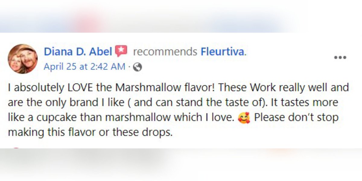 fleurtiva's tweet photo. Thank you Diana for your recommendation!

"I absolutely LOVE the Marshmallow flavor! These Work really well and are the only brand I like (and can stand the taste of). It tastes more like a cupcake than marshmallow which I love. 🥰 https://t.co/lyu394ZEH9