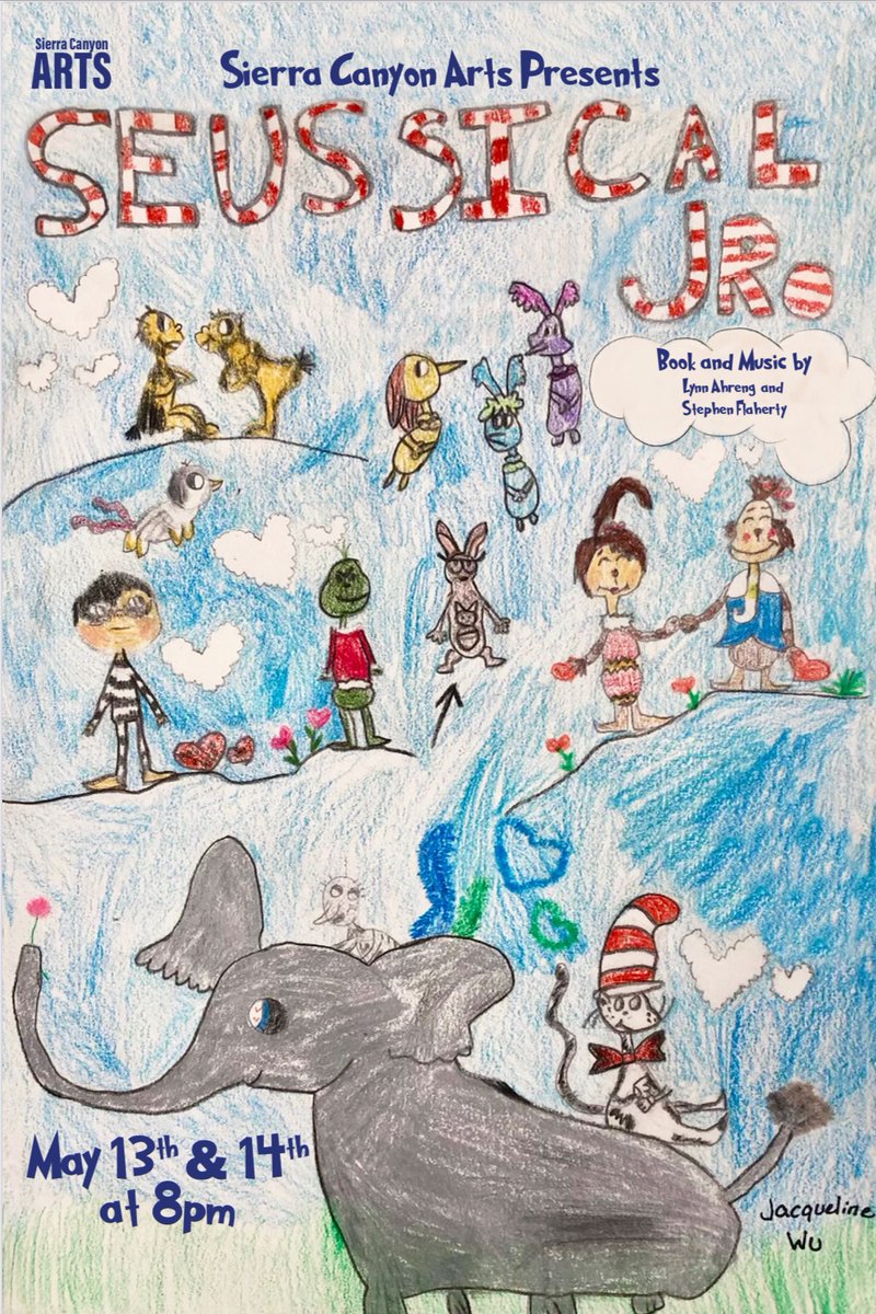 Purchase your Seussical Jr. tickets at showtix4u.com/event-details/…. Performances will take place at the Upper Campus outdoor stage on May 13 and 14 at 8:00 p.m. Congratulations to Jacqueline W. ’31 for winning the Lower School Poster competition! #WeAreSC #SCArts #Theater
