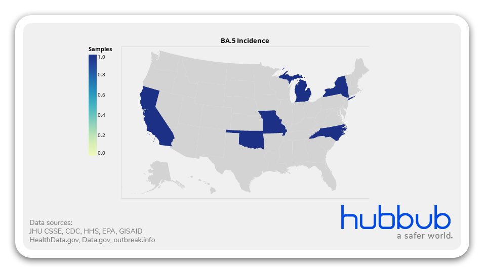 HubbubWorld's tweet photo. #SARSCoV2 #EmergingVariants #USA
BA.5 is still very new and being spotted only in states with large numbers of current cases and sequencing
#California #Michigan #Missouri #NewYork #NorthCarolina #Oklahoma
#BA5 @wsbgnl @RajlabN https://t.co/GmT4oIDMjE