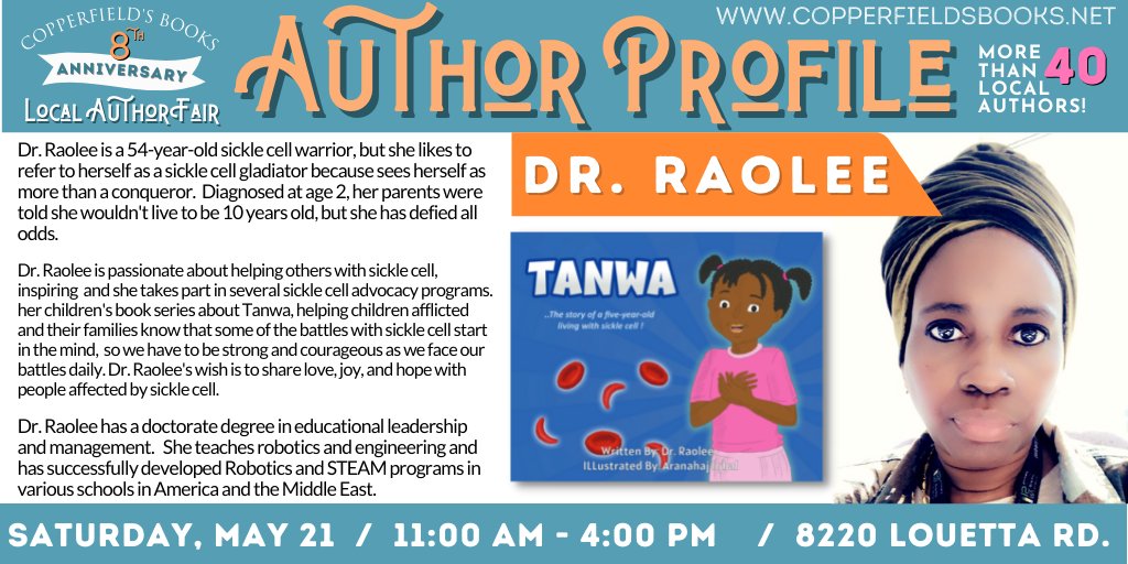 CopperfieldsBo1's tweet photo. Learn more about sickle cell and how you can become an advocate with @Raolee1's inspiring tale, "Tanwa."

Preview the other 40+ authors at: https://t.co/WtHFl7onm8 

#houstonbooks s #houstonreads @HTXBookSwap @HtownLovesBooks @ReadHouston @AuthorsTexas @LoneStarLit @TexasAuthors https://t.co/f9Fknh8FsA