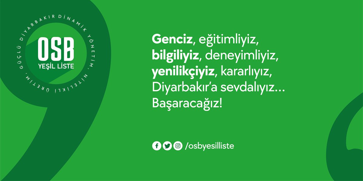 OSB'mize, Diyarbakır'a ve Türkiye'ye örnek olabilecek GENÇ bir ekibiz. 

#Gençlerkazanacak #osbkazanacak #Diyarbakırkazanacak
#GüçlüOSB #GüçlüDiyarbakır için @osbyesilliste