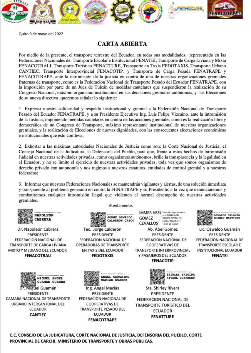 CFenatrape's tweet photo. Las federaciones nacionales de transporte en todas sus modalidades  rechazan la intromisión de la justicia en las actividades gremiales de la Fenatrape y se solidarizan con nuestro gremio
@CorteConstEcu @CorteNacional @CorteCarchi https://t.co/blwjVXCdlZ