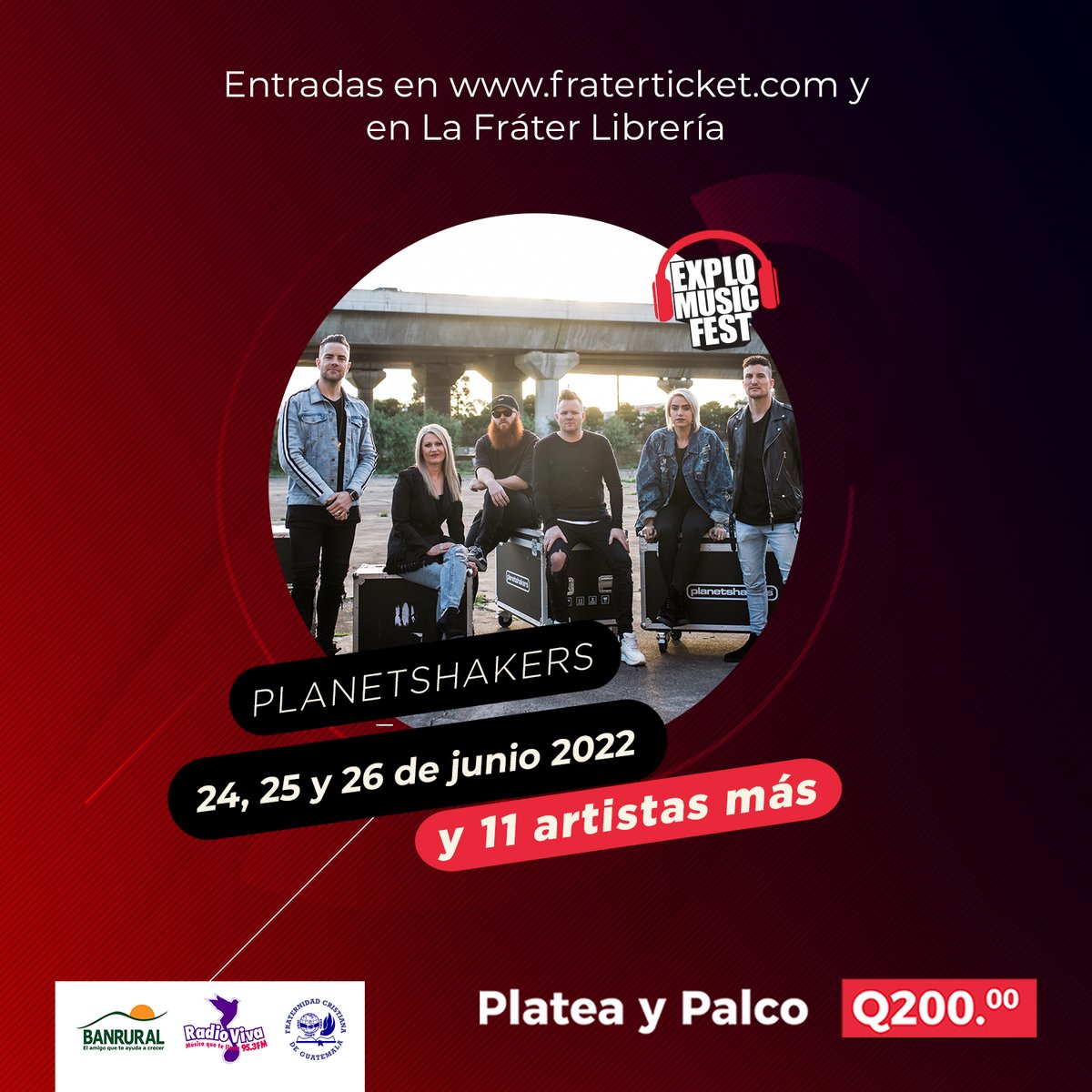 No dejes pasar la oportunidad de escuchar a <a href="/planetshakers/">Planetshakers</a> en Explo Music Fest. 🔥

Adquiere tus entradas platea y palco en fraterticket.com y en Fráter Librería (2243-2200). #Explo2022
