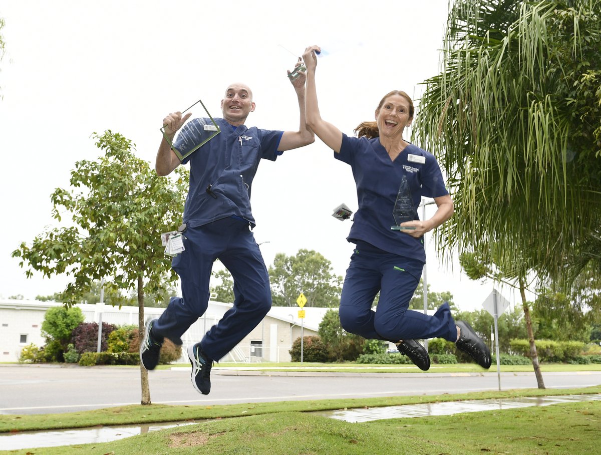 Today is International Nurses Day👩‍⚕️ Nurses Paul Mateos and Elizabeth Maguire are jumping after being recognised at the Townsville HHS annual nursing awards. Thank you to all nurses in our HHS and in the community for all that they do🌟
