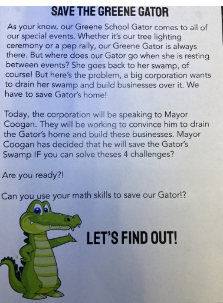 frps_Greene's tweet photo. Today we had a special visitor ⁦@frps_Greene,⁩ @MayorPaulCoogan⁩. They discussed a great #escaperoom lesson ⁦Ms. Barbosa’s class did to prepare for #mcas! Our 4th gr saved our Gator’s swamp from a building! #mathisfun #greatthingshappeningatGreene ⁦@FRPSsupt⁩ https://t.co/AQ2fghyLAT