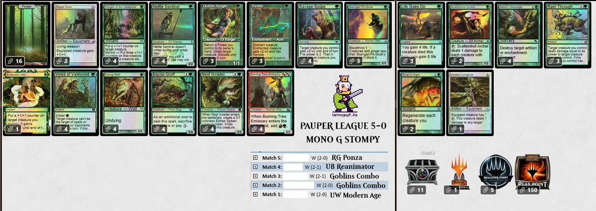 I'm back Baby 🏆 Pauper League 5-0 with my Mono G Stompy of choice! GREEN DOJO #mtgpauper