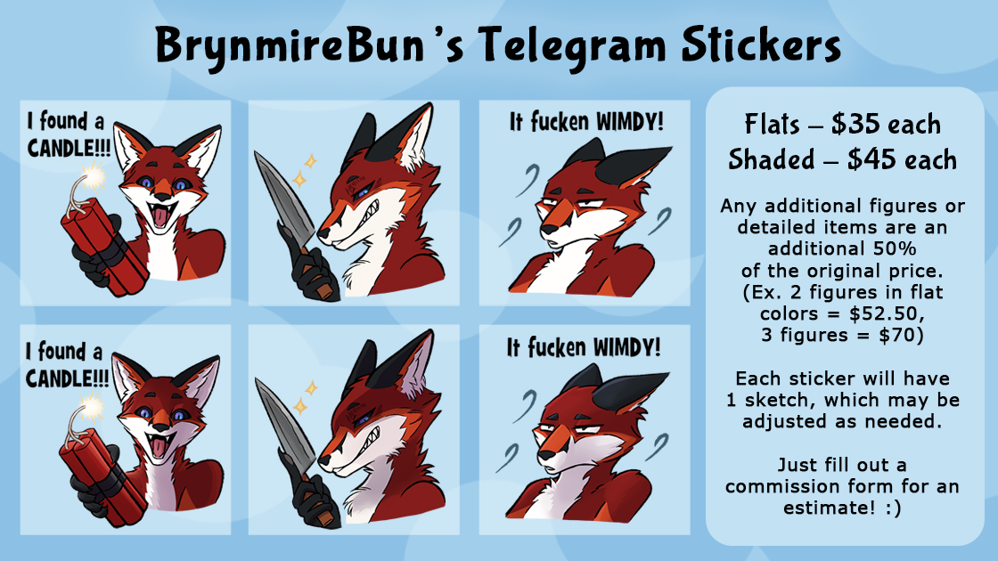 BrynmireBun's tweet photo. Got Telegram? Have fun with your messages by adding your characters! My commissions are open, just fill out a form at the link below for an estimate!🐰🖌️✨

https://t.co/mA3WeChWun

#commissionsopen #commission #Telegram #telegramstickers #stickers #digitalart #art https://t.co/NsZxXR5Xsr
