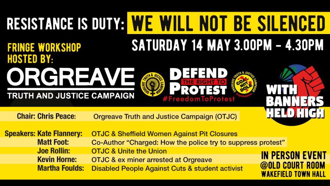 A new draconian #PublicOrderBill is being rushed through parliament. Join us @BannersHeldHigh fringe meeting #ResistanceIsDuty #RightToProtest #Wakefield Sat 14 May 3pm